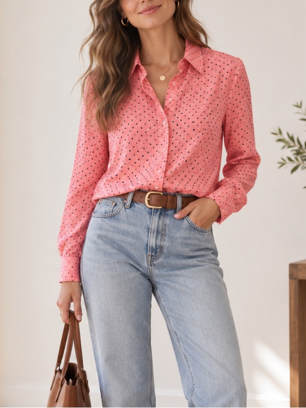 & Other Stories Paris Atelier 100% Silk Pink Polka Dot Button Down Shirt US 2